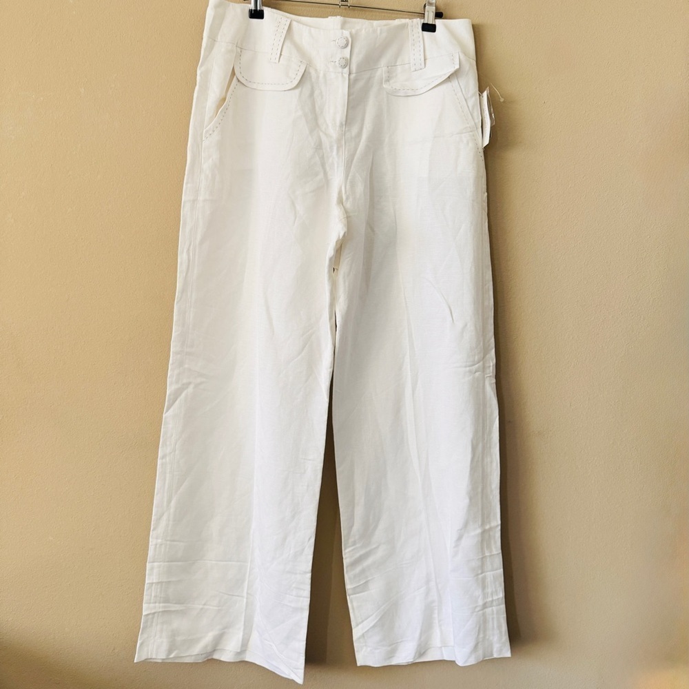 NWT Larry Levine White 100% Linen WIde Leg Pants Trousers SIze 14